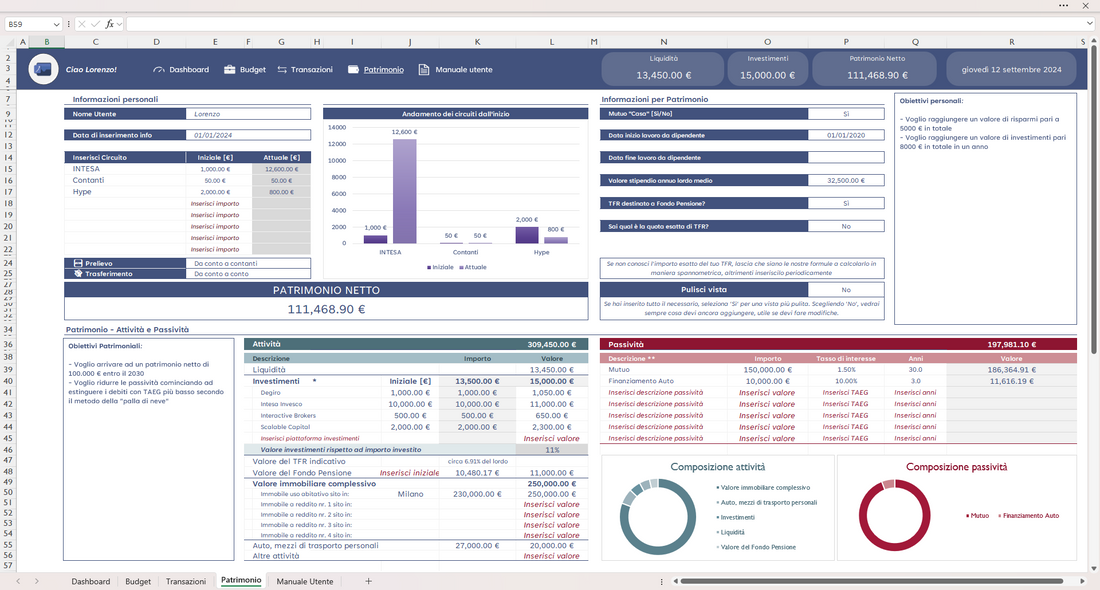 Schermata del foglio Patrimonio. Consente di tenere traccia della propria liquidità, investimenti, immobili, mutui e finanziamenti.